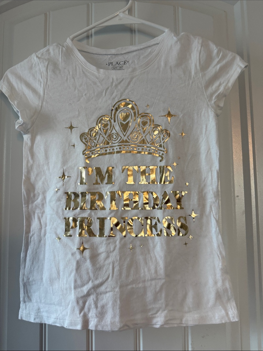Gently worn The Children's Place White Birthday Tee with Gold Foil Crown & Text